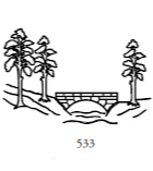 Dekor 533, liten stenbro övern en älv med några träd